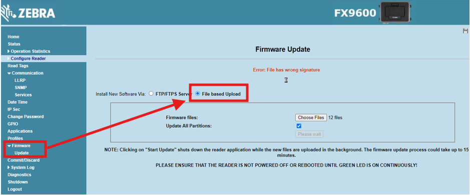 FX9600: Updating the Reader's Firmware Results in “Error; File Has
