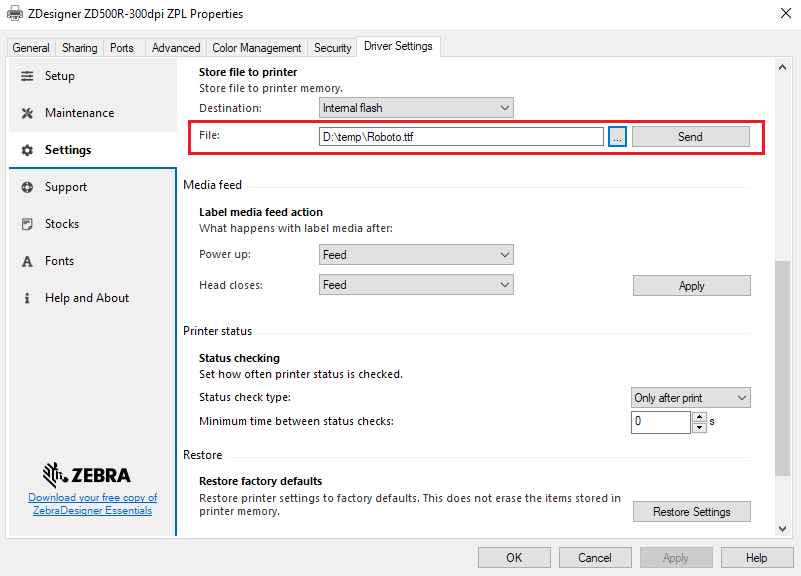 Store Files to Printer with ZDesigner Driver V8 or V10