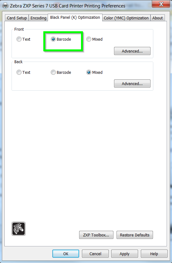 ZXP7 Card Printer Barcodes Fail to Scan Due to K Panel Monochrome