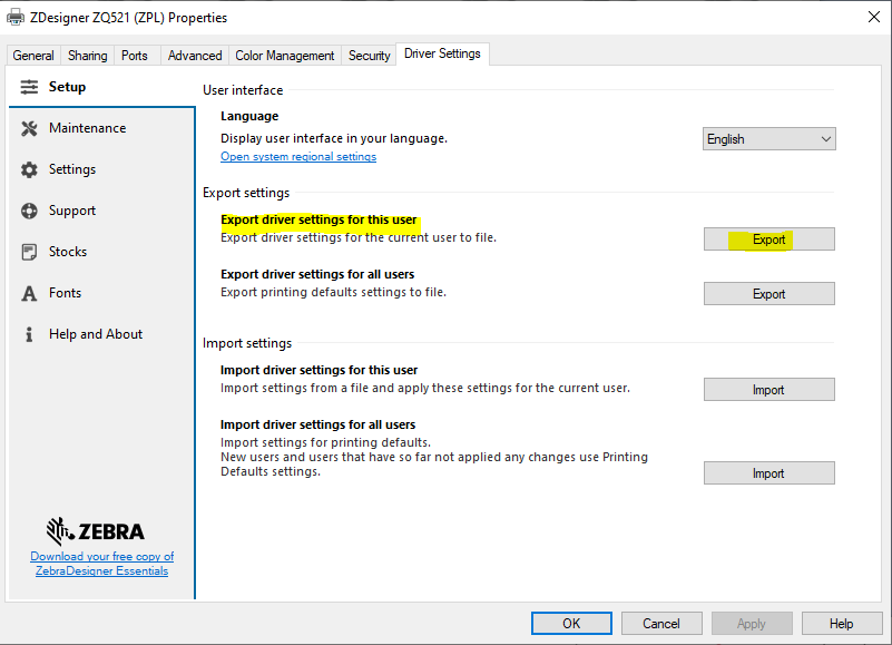 Export or Import Driver Settings on ZDesigner Driver V8