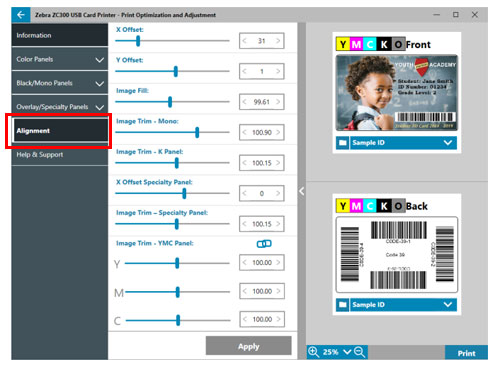 Adjusting ZC Series Card Printers to Print Image on Full Card