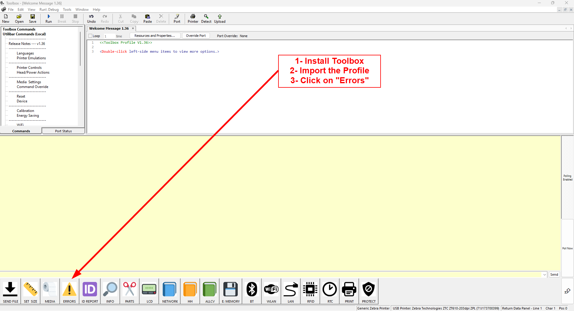 Zebra Toolbox の [ERRORS] ボタンを使用してプリンタ エラーを検出